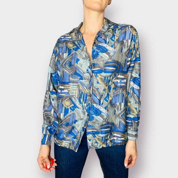 Vintage Tops - 90s S.I.N.Y. Blue Aqua Gray Abstract Print Silk‎ Shirt